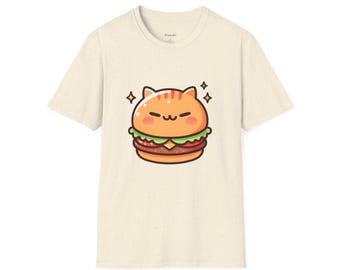 May include: Cream-colored t-shirt featuring a cartoon burger with a cat face on top. The burger has a bun, patty, lettuce, and tomato. The cat-burger has orange fur with stripes and is smiling. The shirt has the brand name "XianShi" on the collar.