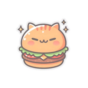 Pegatinas troqueladas de hamburguesa con forma de gato kawaii, adorable ilustración de comida de dibujos animados