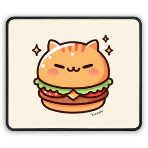 Alfombrilla de ratón para juegos con forma de hamburguesa y gato, ilustración de comida de dibujos animados kawaii, personaje adorable, panecillo de lechuga, queso y tomate sonriente, orejas de bigotes