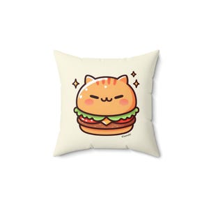 Kawaii Cat Burger Square Pillow, Cute Cartoon Food Adorable Illustration