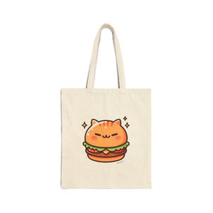 かわいい猫バーガーコットンキャンバストートバッグ - かわいい漫画の食べ物の愛らしいイラスト、レタスチーズトマトパンを持った幸せそうな笑顔のキャラクター