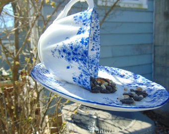 Vintage Blue and white Tea cup Bird Feeder