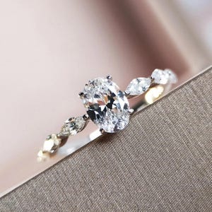 Unique 3.0ct Oval Cut Moissanite Engagement Ring Side Marquise Moissanite Band Solid White Gold Oval Wedding Ring Anniversary Promise Ring