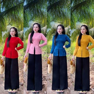 Sét bà ba cổ tròn viền ngọc tay , Áo dài truyền thống , Áo dài cho nữ -Four-panel Ao Dai, Traditional Ao Dai, Ao Dai for women