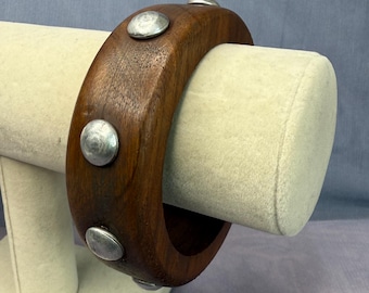 Vintage Wood Bangle Bracelet with Metal Accents