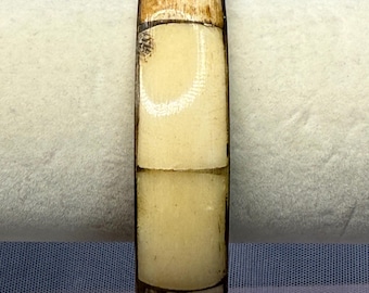 Bracciale rigido vintage in ottone con intarsi in osso, impilabile, largo, color crema, avorio e marrone