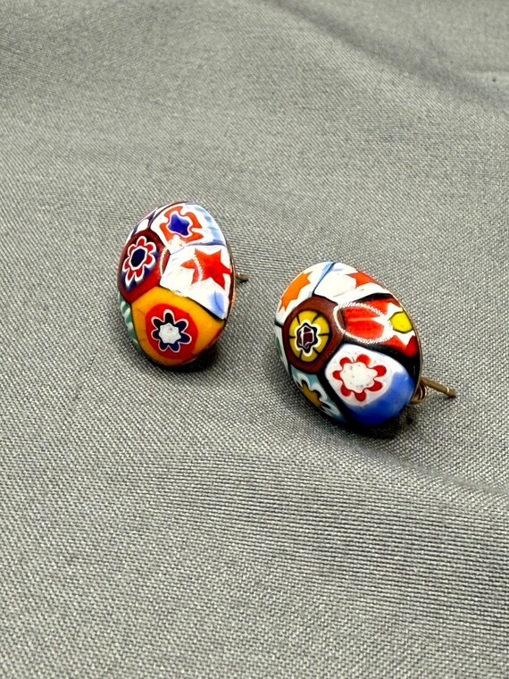 Vtg Murano Millefiori Earrings Art Glass Cabochon Mosaic Venetian Postback