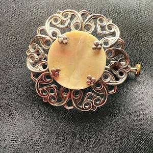 Victorian Mother of Pearl Brooch Pin Vintage Trombone Clasp 1890s Filigree Wreath Design Silver 1”