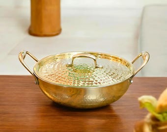 Tin Lined Brass Wok with Lid, Indian Kadhai Cooking Pot, Handmade Traditional Cookware