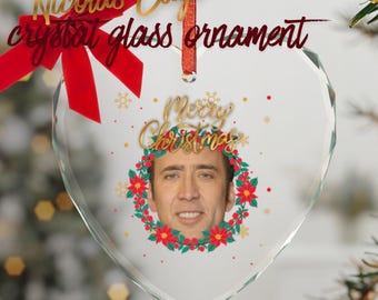 Christmas Nicolas Cage Crystal Glass Ornament, Holiday Tree Decoration, Funny Xmas Gift, Unique Ornament, Collectible Decor, Movie Fan Merch