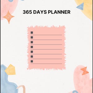 Könnte beinhalten: Ein rosa-weißer Planer mit dem Text "365 Days Planner" und einer rosa Checkliste mit schwarzen Kontrollkästchen.