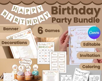 May include: A birthday party bundle with a banner, decorations, games, invitations, and coloring pages. The bundle includes cupcakes, bingo cards, and a 'Happy Birthday' banner. The invitation is editable.