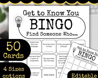 Könnte beinhalten: Schwarz-weißes druckbares Bingokärtchen mit dem Titel "Get to Know You Bingo: Find Someone Who..." Die Karte hat 25 Felder mit Aufforderungen wie "Spricht mehr als eine Sprache" und "Hat mehr als zwei Geschwister".