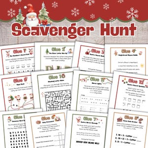 May include: A Christmas-themed scavenger hunt game with 12 clues, featuring Santa Claus and festive decorations. Each clue is on a separate card with puzzles, riddles, and codes. The title "Scavenger Hunt" is displayed prominently.