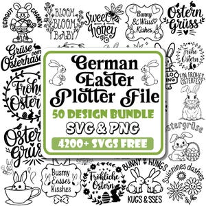 Puede incluir: Un paquete de diseños digitales en blanco y negro para Pascua con conejos, huevos, flores y texto alemán como "Fröhliche Ostern" y "Ostergrüße".