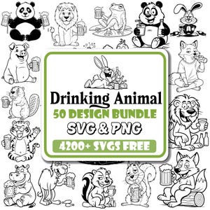 Könnte beinhalten: Schwarz-Weiß-Cartoon-Illustrationen verschiedener Tiere, darunter ein Panda, ein Löwe und ein Fuchs, die jeweils einen Bierkrug halten. Der Text "Drinking Animal 50 Design Bundle SVG & PNG 4200+ SVGs FREE" ist ebenfalls enthalten.