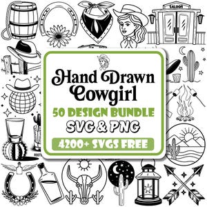 Peut inclure: Illustrations en noir et blanc sur le thème des cowgirls, comprenant un tonneau, un fer à cheval, un chapeau de cowboy, un saloon et un panneau indiquant "Hand Drawn Cowgirl 50 DESIGN BUNDLE SVG & PNG 4200+ SVGS FREE."