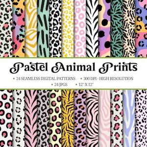 Könnte beinhalten: Eine Sammlung von 24 nahtlosen digitalen Mustern mit pastellfarbenen Tierdrucken. Die Muster umfassen Leoparden-, Zebra- und abstrakte Designs in verschiedenen Farben. Jedes Muster ist 30,48 cm x 30,48 cm groß und hat eine hohe Auflösung von 300 DPI.