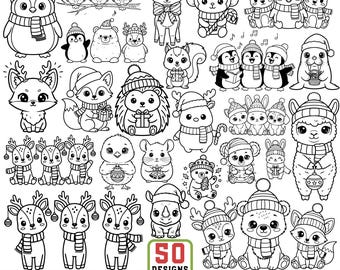 May include: Black and white illustration of 50 Christmas animal designs. The collection includes penguins, owls, deer, foxes, bears, hedgehogs, and other animals wearing winter hats and scarves. The text "CHRISTMAS ANIMALS SVG PNG BUNDLE" is at the bottom.