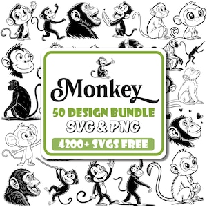 Puede incluir: Una colección de diseños con temática de monos en blanco y negro. La imagen incluye varias ilustraciones de monos y el texto "Monkey 50 Design Bundle SVG & PNG 4200+ SVGS FREE".