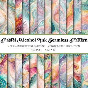 Op de afbeelding: Een verzameling van 24 naadloze digitale patronen met een pastelkleurig alcoholinktontwerp. De patronen tonen wervelende aquareleffecten in tinten roze, blauw, goud en paars. De afbeelding bevat de tekst "Pastel Alcohol Ink Seamless Pattern" en de afmetingen zijn 30,48 cm x 30,48 cm.