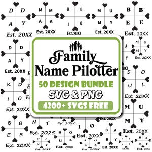 以下が含まれることがあります： 「Family Name Plotter」と「50 Design Bundle SVG & PNG」のテキストが入ったデジタルデザインバンドル。イニシャルと「Est. 20XX」のテキストが入った家族の名前のデザインが特徴です。