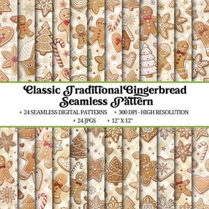 May include: A collection of 24 seamless digital patterns featuring gingerbread cookies, trees, and other festive shapes. The patterns are set against a beige and white checkered background. The text reads "Classic Traditional Gingerbread Seamless Pattern" and "12" x 12""