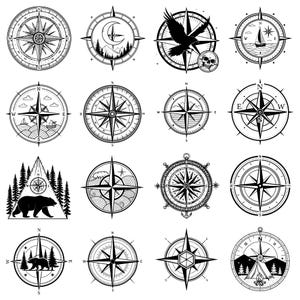 Peut inclure: Une collection de seize motifs de boussoles en noir et blanc. Chaque boussole pr&eacute;sente des d&eacute;tails complexes, notamment des marqueurs directionnels, des &eacute;toiles et des &eacute;l&eacute;ments d&eacute;coratifs tels qu'un ours, un voilier et un corbeau. Les motifs sont circulaires.