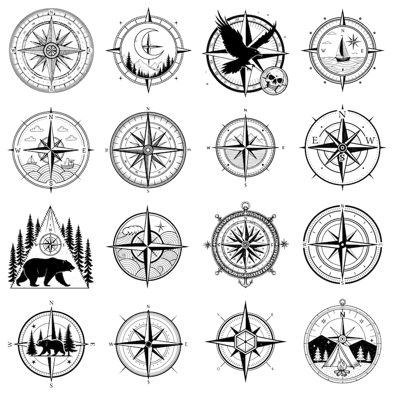 Peut inclure: Une collection de seize motifs de boussoles en noir et blanc. Chaque boussole pr&eacute;sente des d&eacute;tails complexes, notamment des marqueurs directionnels, des &eacute;toiles et des &eacute;l&eacute;ments d&eacute;coratifs tels qu'un ours, un voilier et un corbeau. Les motifs sont circulaires.