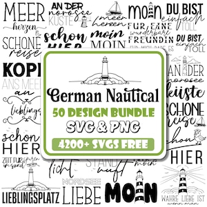 May include: A digital design bundle with a nautical theme. The image features a lighthouse illustration and the text "German Nautical 50 Design Bundle SVG & PNG 4200+ SVGs FREE". The design is in black and white.