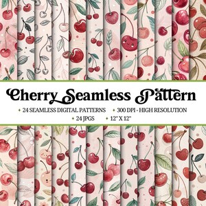 May include: A collection of 24 digital cherry seamless patterns. Each pattern features watercolor illustrations of cherries and leaves on a light pink background. The patterns are 12" x 12" and high resolution.