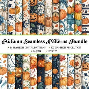 May include: A collection of autumn-themed seamless digital patterns. The patterns feature pumpkins, leaves, and floral designs in shades of orange, blue, and cream. Each pattern is 12" x 12" and suitable for various craft projects.