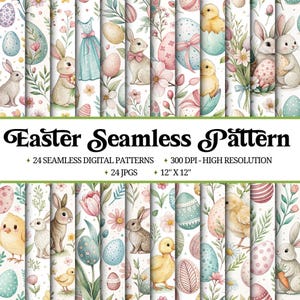 May include: A selection of Easter-themed seamless digital patterns. The designs showcase bunnies, chicks, Easter eggs, and floral elements in soft pastel colours. The image includes the text "Easter Seamless Pattern" and pattern details.