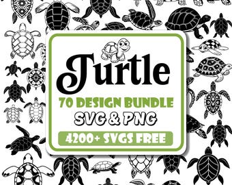 May include: A collection of turtle designs in black and white. The image includes various turtle illustrations and the text "Turtle 70 Design Bundle SVG & PNG 4200+ SVGS FREE" in a green and white frame.