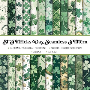 May include: A collection of St. Patrick's Day seamless patterns in various shades of green. The patterns feature shamrocks, hats, and horseshoes. The image includes the text "St. Patrick's Day Seamless Pattern" and details about the patterns, including 12" x 12" size.