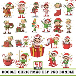May include: A collection of 40 doodle Christmas elf PNG designs. The illustrations feature elves in various poses, holding gifts, ornaments, and candy canes. The elves are wearing red and green outfits and Santa hats. The designs are set against a white background.