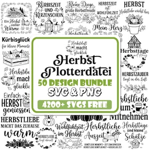 Op de afbeelding: Een digitaal ontwerppakket met 50 zwart-wit herfstafbeeldingen, waaronder pompoenen, bladeren en gezellige motieven. De centrale tekst luidt Herbst Plotterdatei 50 DESIGN BUNDLE SVG & PNG 4200+ SVGS FREE, omringd door diverse seizoensgebonden illustraties.