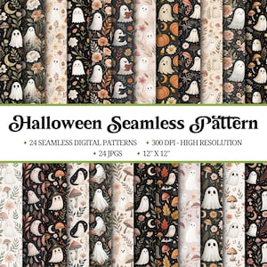May include: A collection of 24 Halloween-themed seamless digital patterns. Each pattern features white ghost illustrations, pumpkins, mushrooms, and floral elements on various backgrounds. The patterns are 12" x 12" and high resolution.