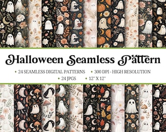 May include: A collection of 24 Halloween-themed seamless digital patterns. Each pattern features white ghost illustrations, pumpkins, mushrooms, and floral elements on various backgrounds. The patterns are 12" x 12" and high resolution.