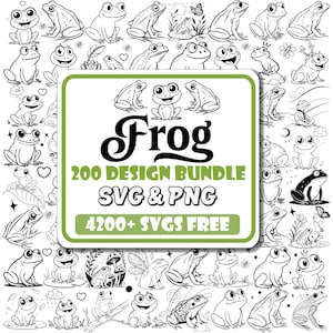 Peut inclure: Illustration en noir et blanc de divers motifs de grenouilles. L'image comprend le mot "Frog" en gras, ainsi que du texte indiquant un lot de 200 motifs aux formats SVG et PNG, et plus de 4200 SVG gratuits.
