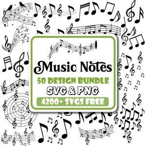 Puede incluir: Notas musicales y símbolos negros sobre un fondo blanco. La imagen incluye claves de sol, negras y otras notaciones musicales. Un letrero con borde verde dice "Music Notes 50 Design Bundle SVG & PNG 4200+ SVGS FREE."