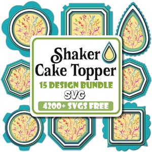 Puede incluir: Una colección de diseños de adornos para tartas con agitador de colores. La imagen presenta varias formas, incluyendo círculos, cuadrados y lágrimas, cada una con un interior lleno de confeti. El texto "Shaker Cake Topper" se muestra de forma destacada.