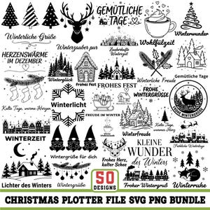 May include: A black and white Christmas-themed SVG and PNG bundle with 50 designs. The designs include Christmas trees, reindeer, houses, and text such as "Winterliche Grüße" and "Frohes Fest".