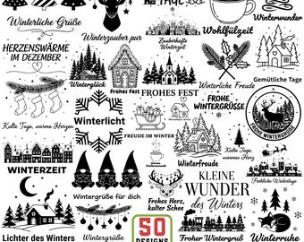以下が含まれることがあります： 50のデザインが収録された、白黒のクリスマスをテーマにしたSVGとPNGのバンドルです。「Winterliche Grüße」や「Frohes Fest」などのテキストとともに、クリスマスツリー、トナカイ、家などのデザインが含まれています。