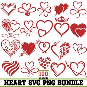 Op de afbeelding: Een verzameling rode hartontwerpen in verschillende stijlen, waaronder harten met bloempatronen, pijlen en kronen. De afbeelding bevat de tekst "100 Designs" en "Heart SVG PNG Bundle".