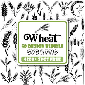 Pode incluir: Uma coleção digital de ilustrações de talos de trigo em preto e branco com vários padrões de grãos. Uma etiqueta retangular central exibe o texto Wheat 50 DESIGN BUNDLE SVG & PNG 4200+ SVGS FREE em letras pretas e verdes sobre fundo branco.