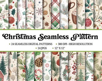 May include: A selection of 24 Christmas seamless digital patterns. The patterns showcase festive designs such as birds, baubles, snowflakes, and tartan. The image includes the text "Christmas Seamless Pattern", "24 Seamless Digital Patterns", "300 DPI - High Resolution", "24 JPGs", and "12" X 12" (30.48 cm x 30.48 cm).