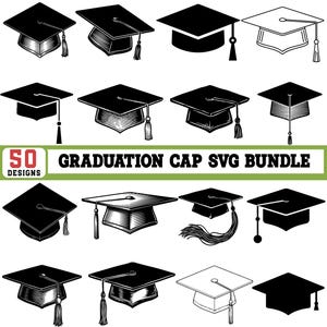 May include: A collection of graduation cap designs in various styles, including detailed illustrations and silhouettes. The image includes the text "50 DESIGNS" and "GRADUATION CAP SVG BUNDLE".