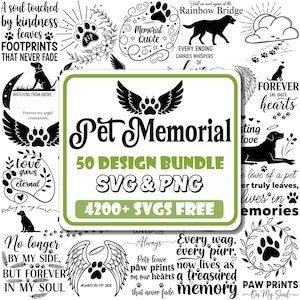 以下が含まれることがあります： 犬の足跡、天使の羽、犬のシルエットなど、白黒のペットメモリアルデザインのコレクションです。中央のデザインは「Pet Memorial 50 Design Bundle SVG & PNG」と書かれています。