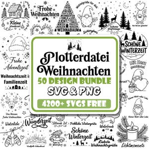 Puede incluir: Un paquete de diseños navideños en blanco y negro con varias ilustraciones y elementos de texto. El diseño central presenta el texto "Plotterdatei Weihnachten 50 DESIGN BUNDLE SVG & PNG" con "4200+ SVGS FREE" debajo.